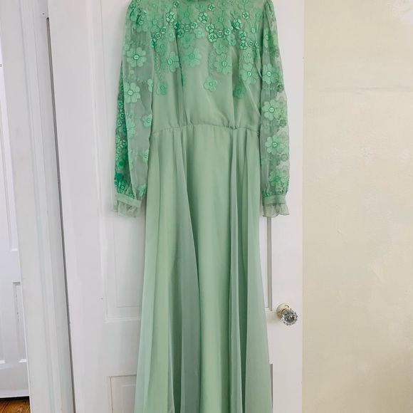 Vintage 1970s Dress Embroidered Green Mint Floral - Picture 5 of 6
